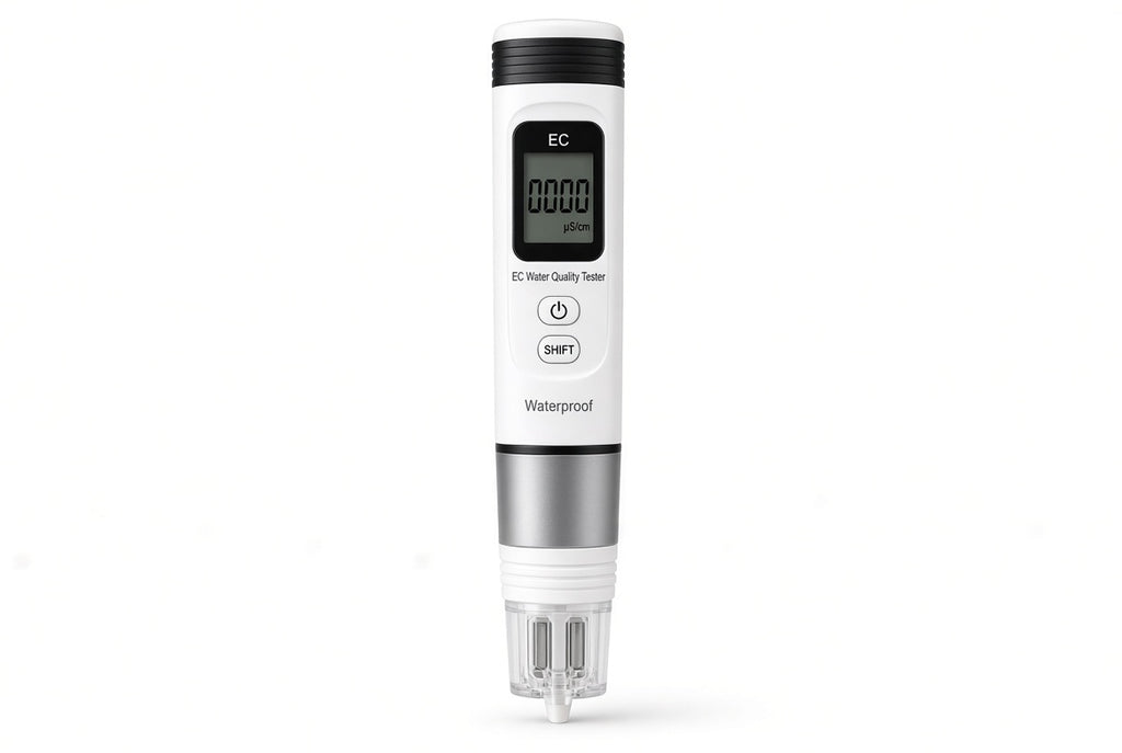 Digital EC meter for testing nutrient conductivity in hydroponic water.