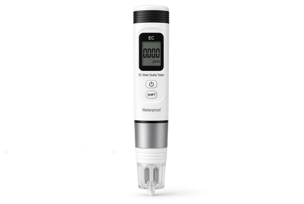 Digital EC meter for testing nutrient conductivity in hydroponic water.