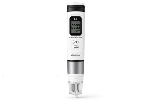 Digital EC meter for testing nutrient conductivity in hydroponic water.