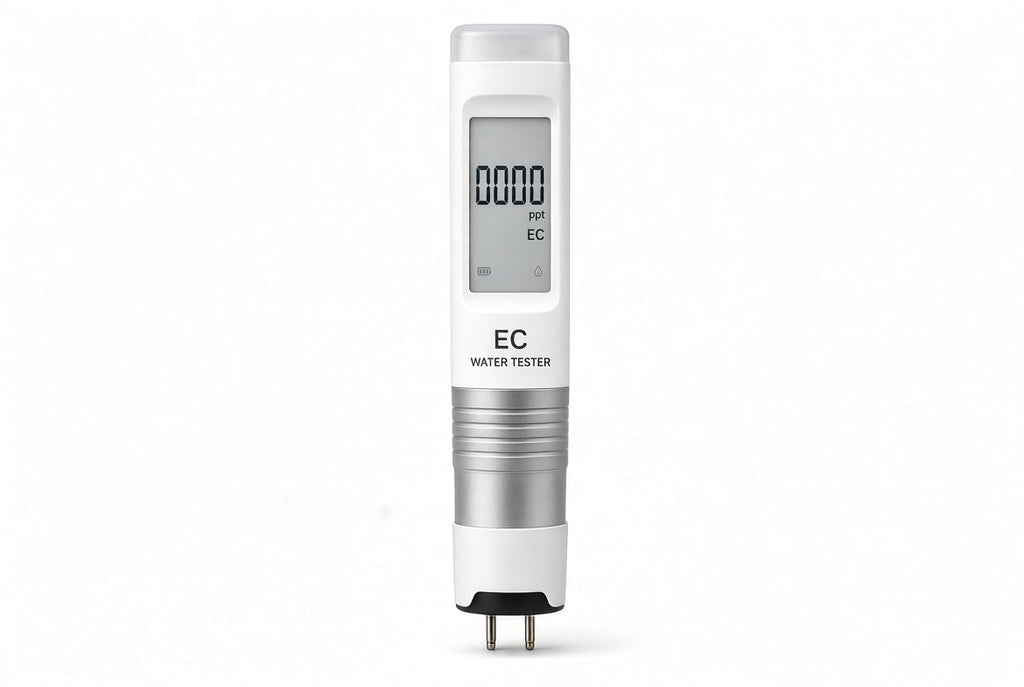 Loamless digital EC water testing pen for hydroponic nutrient strength.