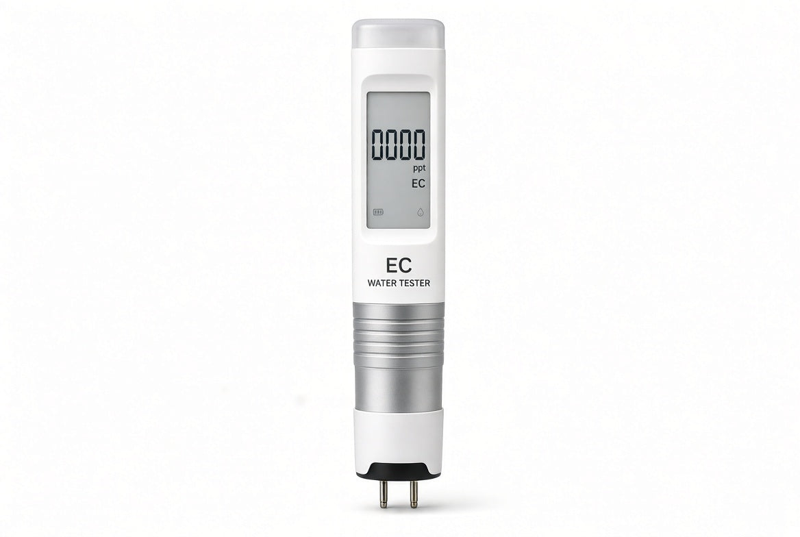 Loamless digital EC water testing pen for hydroponic nutrient strength.