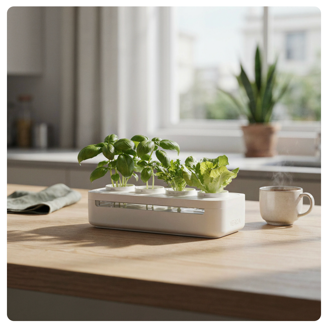 Loamless Smart Hydroponic Planter with basil and lettuce.