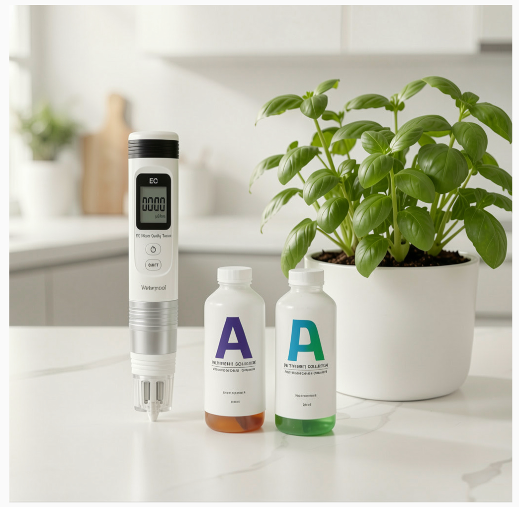 Loamless A+B nutrients for growing plants in a hydroponic planter.