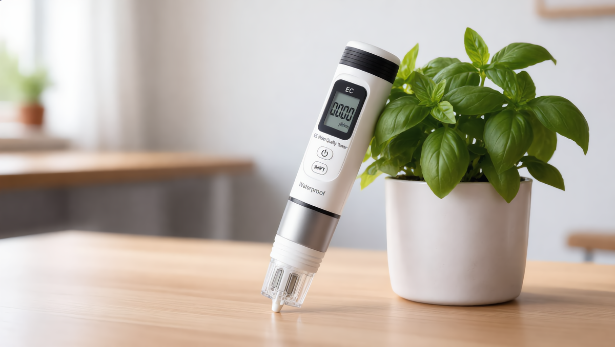 A digital pH meter probe rests on a light wood table next to a potted green basil plant in a white ceramic pot, with a softly blurred indoor background.