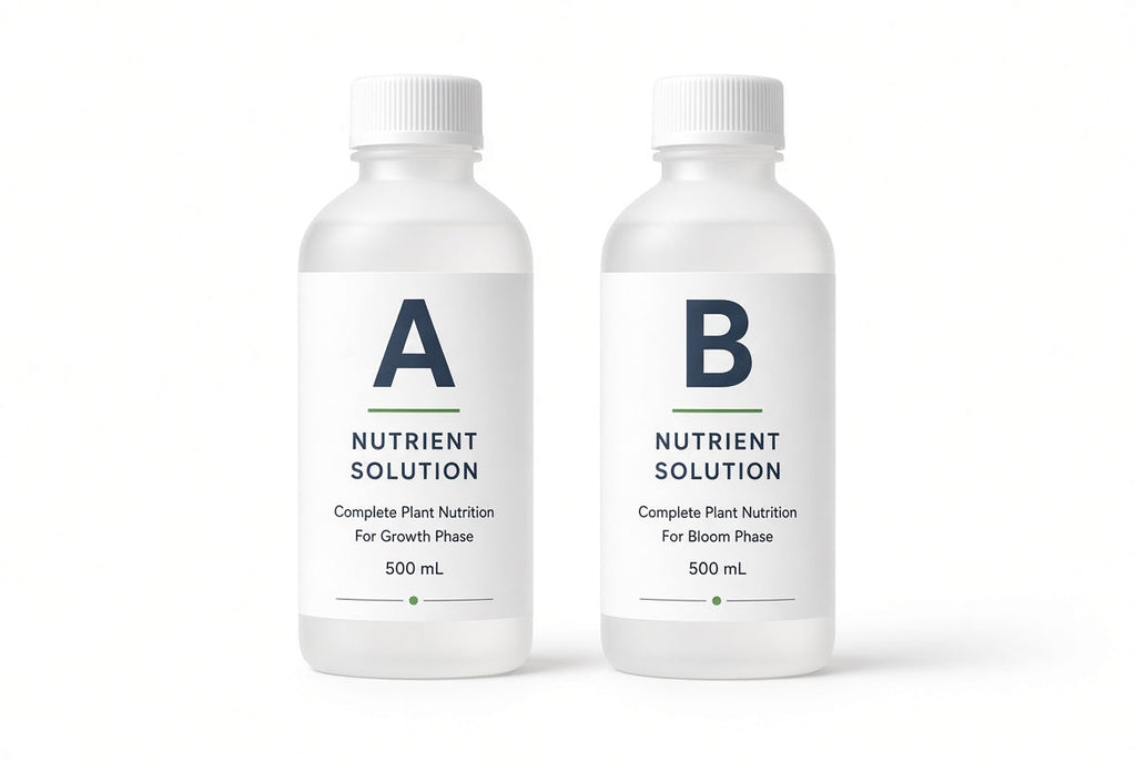 Loamless A+B hydroponic nutrient solution bottles.