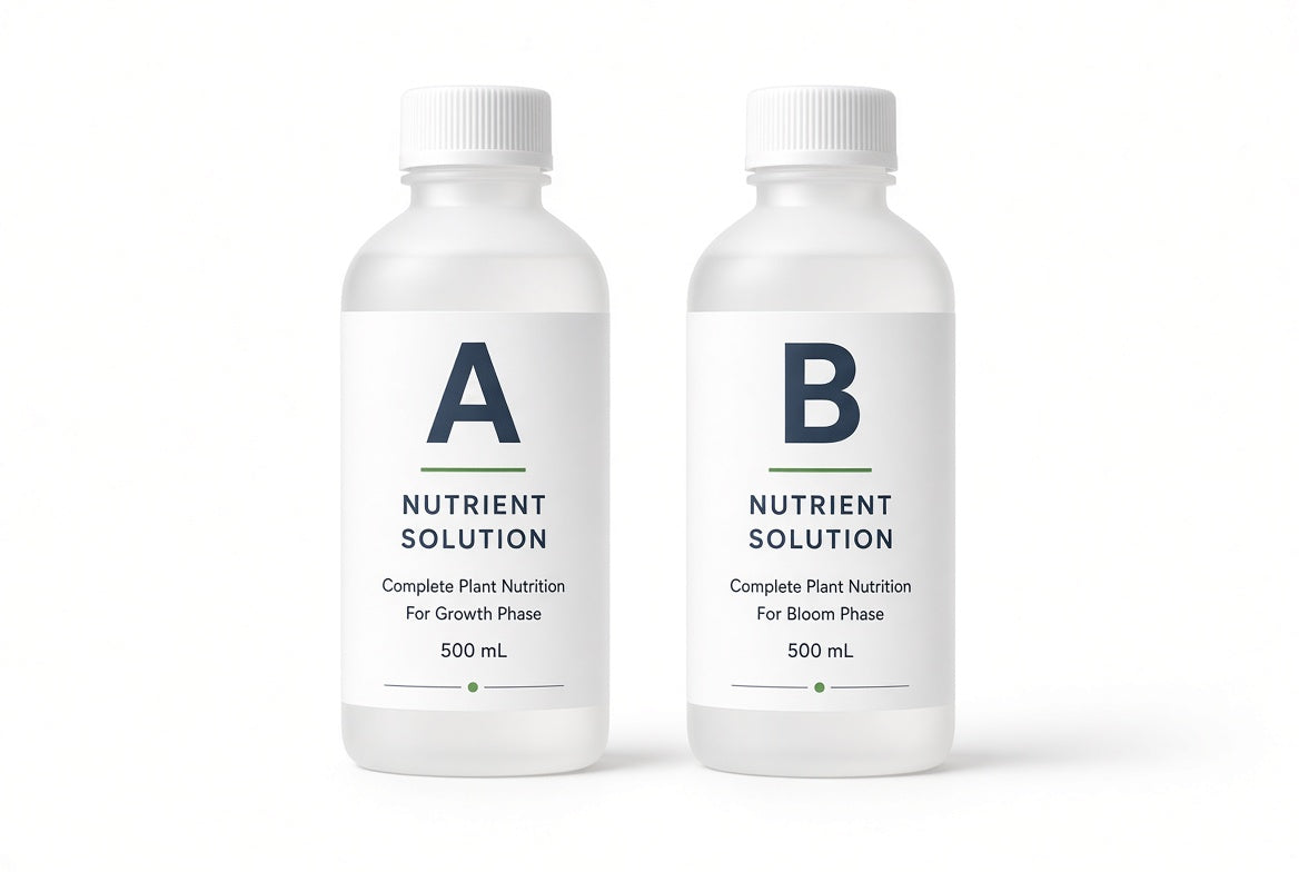 Loamless A+B hydroponic nutrient solution bottles.